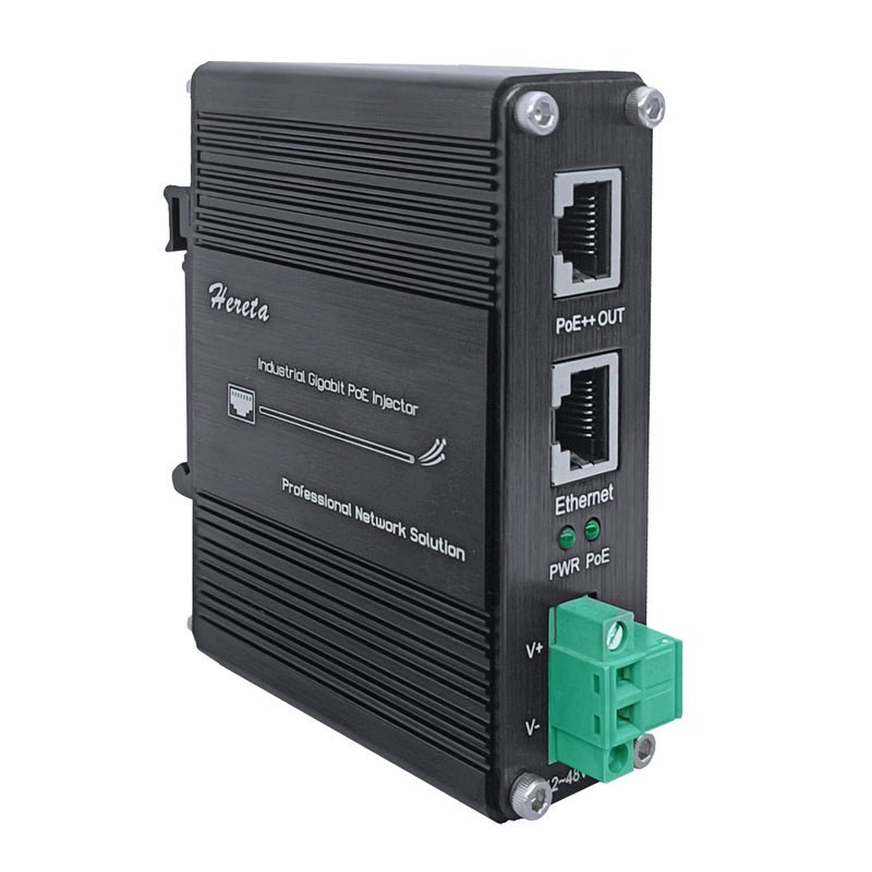 Hereta Hardened Industrial Gigabit PoE++ Injector 12-48VDC Input with DIN-Rail and Wall Mount Connecting The IEEE 802.3 bt PoE Device (95W) - Image 1